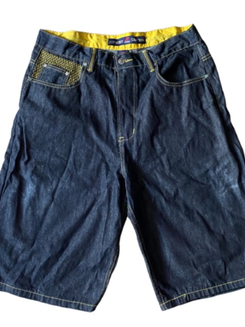 ZEEP WORLD Men's Dark Blue Denim Shorts with Yellow Trim Size W 36